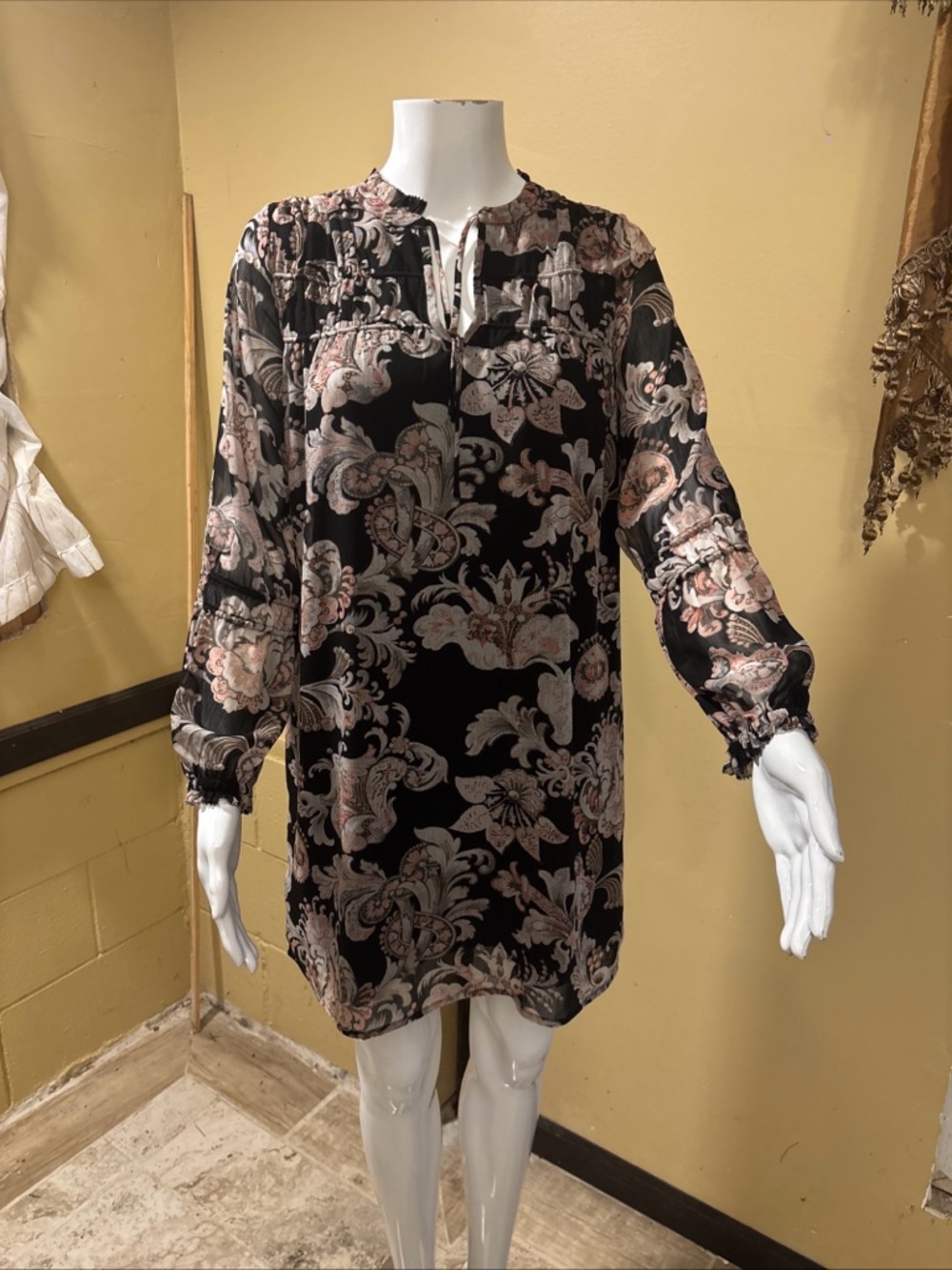 LOFT Black Floral Paisley Blouse with Pink and Cream Accents
